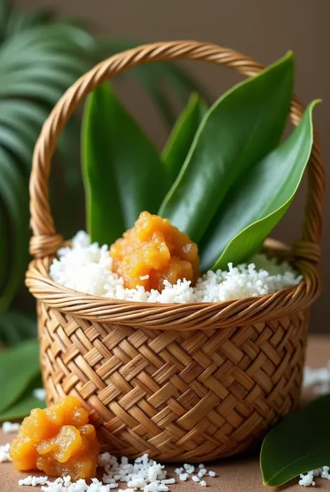 bamboo basket fill with pandan leaf, coconut and gula melaka