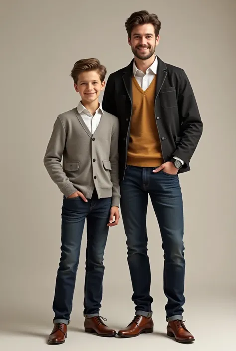  A handsome and attractive young man and his  son , les deux ayant les mains en poche,  dressed in dark jeans with a collared shirt and a cardigan, accompanied by elegant shoes .  Both dressed the same way with the same colors ...