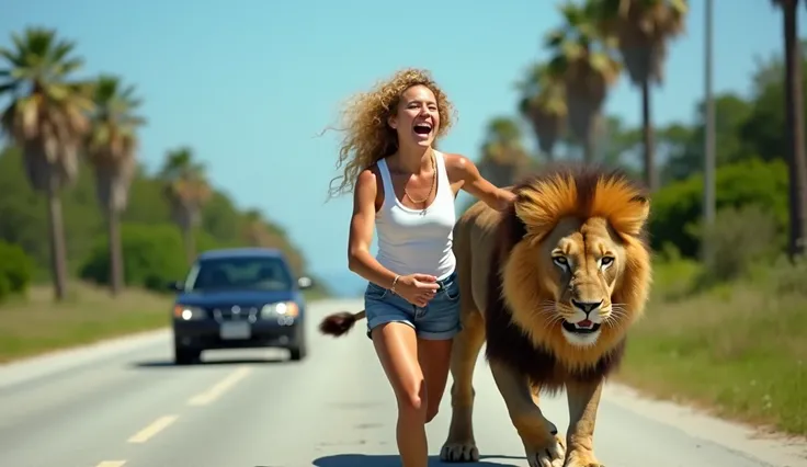 The image is a digitally edited humorous photo of a woman with fair skin and curly blonde hair, wearing a white tank top and denim shorts. The girl is in a pose of chasing a lion and grabbing the lions tail and laughing. The large lion is in a state of pan...