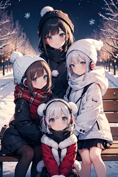  masterpiece, best quality, ultra-detailed, 3girls, distinct personalities, (1st girl: bob cut, shiny black hair, white scarf, shy expression, blushing cheeks:1.4, slightly looking away), (2nd girl: medium hair, brown hair, knitted beanie, playful smile, l...