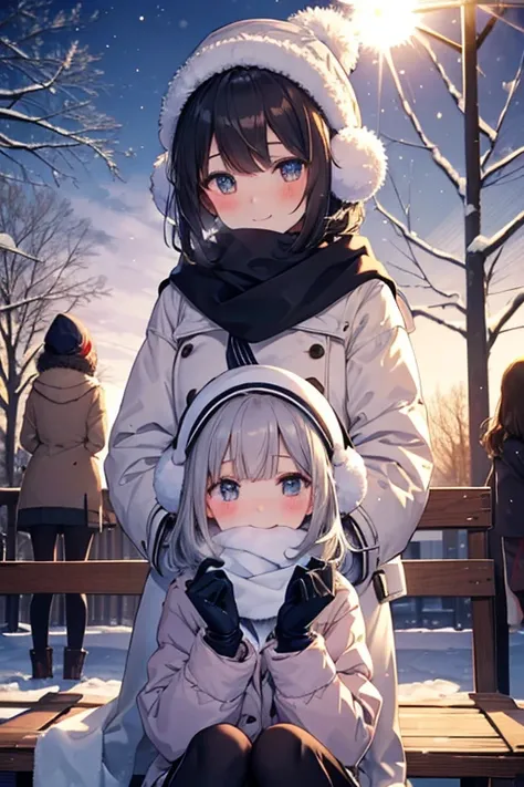  masterpiece, best quality, ultra-detailed, 3girls, distinct personalities, (1st girl: bob cut, shiny black hair, white scarf, shy expression, blushing cheeks:1.4, slightly looking away), (2nd girl: medium hair, brown hair, knitted beanie, playful smile, l...