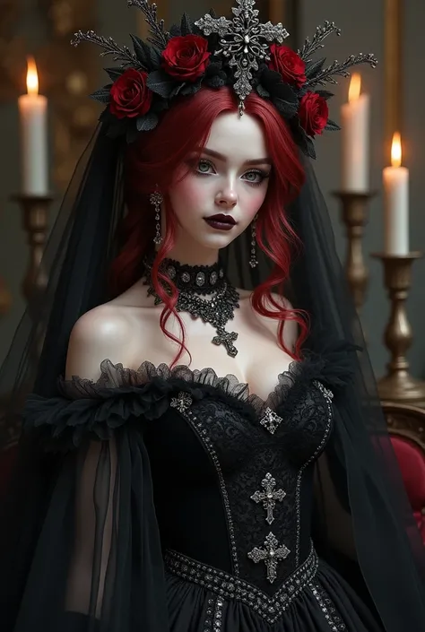 HighestQuali，tmasterpiece：1.2，Detailed details，1 Gothic girl，Black wedding dress，Gorgeous headdress，Bust，Rose flower，crosses，silver ornaments、brunette color hair、redheadwear、blond hairbl、paleskin、Black lipstick and eye shadow，Accessories include the Cross ...