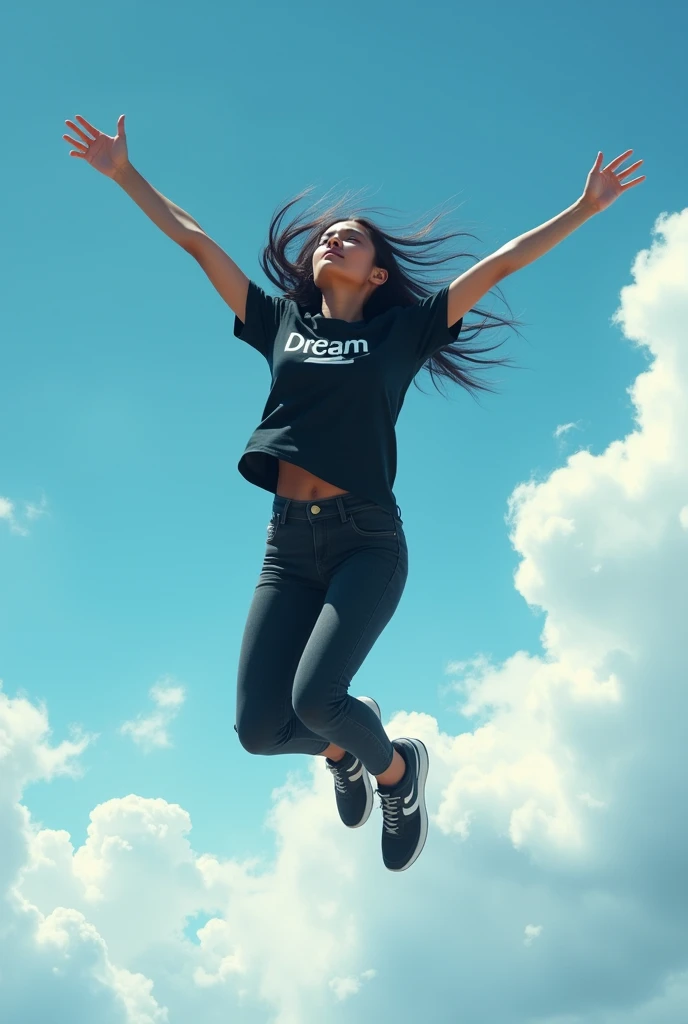 realistic, cinematic, a beautiful Indonesian woman is jumping through the sky. He wore a black t-shirt with the DREAM logo and black jeans, and sports shoes. She had long black hair that was tied up.