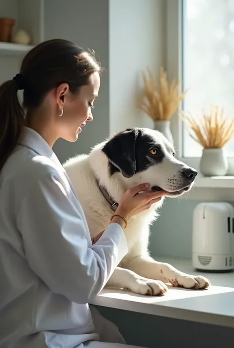  makes a sequence of images of a large dog , White with black spots, He is sick , He has a sad look,  is being cared for by a young veterinarian who treats him with great love and gives him a holistic therapy with bach flowers,  you can see the improvement...