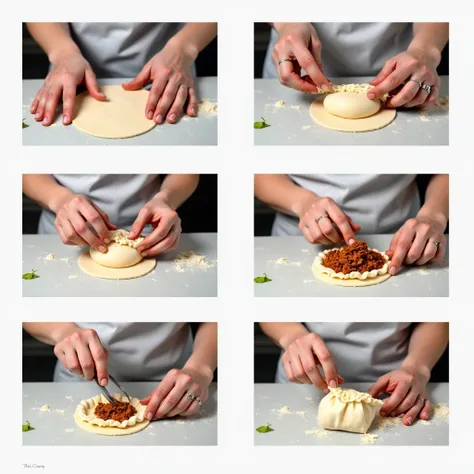 Step-by-step images of dough preparation, filling, and sealing.