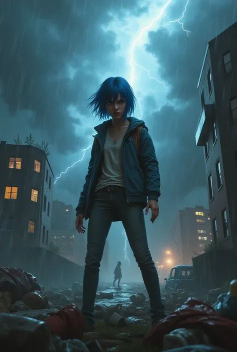 Chloe Price from Life is Strange Anger in the foreground with a storm of life is strange in the background and trash on the ground