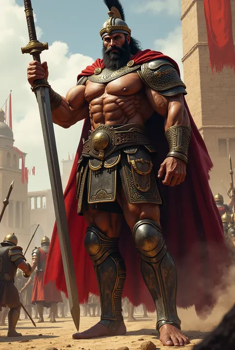 **Gorgin** is a tall, muscular warrior with a commanding presence, embodying the ideal Persian hero. His body is strong and well-built, with prominent muscles visible under his armor, showcasing his prowess in battle. His face is stern, with sharp features...