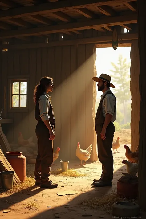 2 people talking in a chicken shed