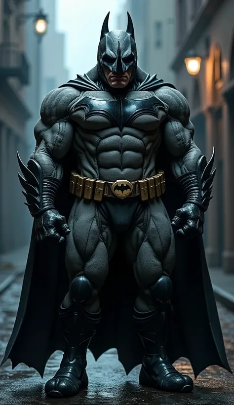 "Create a highly detailed, realistic hybrid character combining the muscular body of DC’s Batman with a rhinoceros face and hands. The character should be dressed in Batman’s iconic black and gray suit, complete with a bat emblem on the chest, a flowing ca...