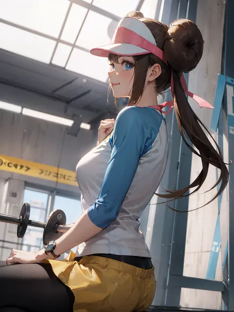 ((  Masterpiece , best quality)),  absurd,  ro1, Hair Bun,  blue eyes,  twin tails,  Visor Cap ,  pantyhose,  raglan sleeve, Yellow shorts,  shirt,  Pink Ribbons ,  watch ,
 Alone, smile,  look at the viewers,  cowboy shooting,  Cinematic Composition,  dyn...