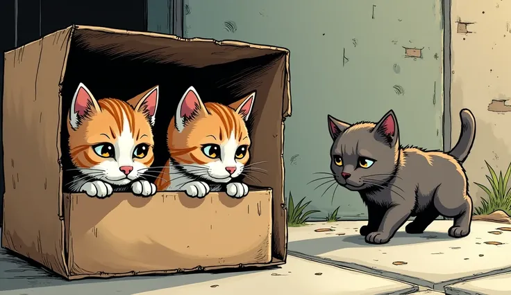 A comic panel of the three kittens peeking out of the box with sad, hungry eyes as their mother searches for food.