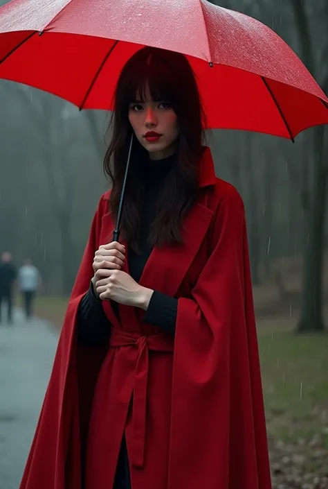 Tall、The bangs are all down and the hair hangs all the way to the eyes、Fair skin、Red coat、Red Umbrella、 Asian