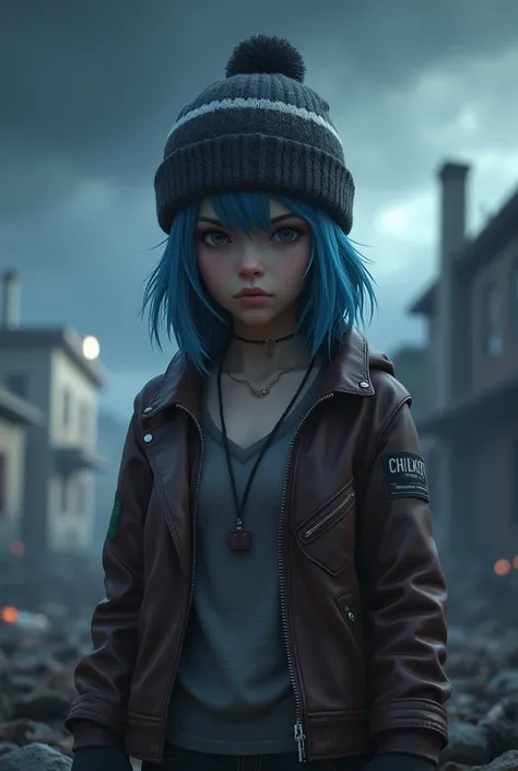 chloe price de life is strange bien fait qvec son bonnet et sa tenue enerver au premier plan avec en fond une tempete de life is dtrange et des déchets par terre