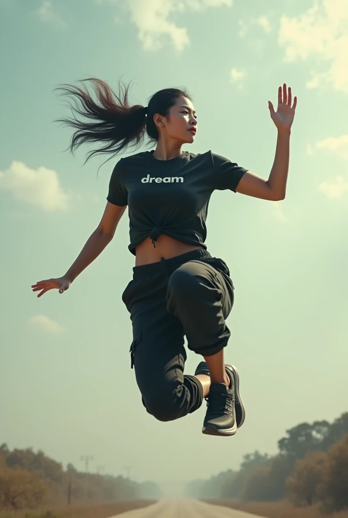 realistic, cinematic, a beautiful Indonesian woman is jumping through the sky. He wore a black t-shirt with the DREAM logo and black cargo, and sports shoes. She had long black hair that was tied up.