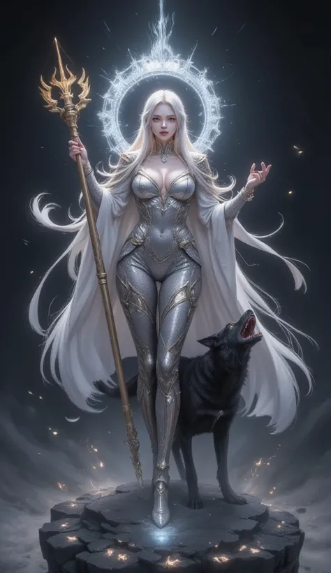 Full body photo,fluorescent art,virtual engine,Tian Ting Shen *****,silver light,sacred backlight,white ribbon flying,full of pressure,wearing silver divine armor,red eye light,holding a golden trident behind,black howling heavenly dog following beside,dar...