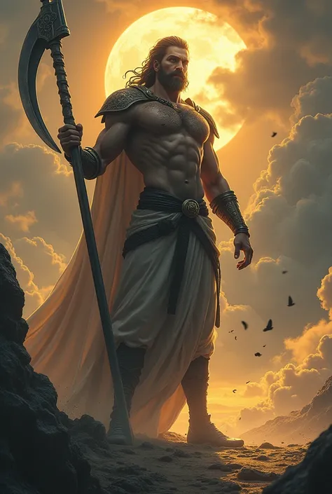 Cronus
"Depict Cronus, the leader of the Titans, standing tall with a massive scythe in his hand, his expression stern and commanding. His body is ancient and imposing, with dark, stormy clouds swirling around him. His eyes gleam with the weight of time an...