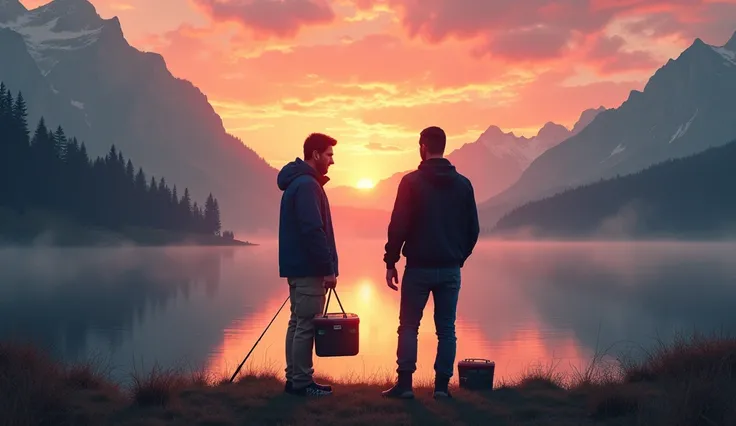 Lionel Messi and Cristiano Ronaldo arrive at a serene mountain lake early in the morning. The mist still hangs over the water, and the rising sun paints the sky in shades of orange and pink. Messi is dressed in a navy-blue jacket and beige cargo pants, car...