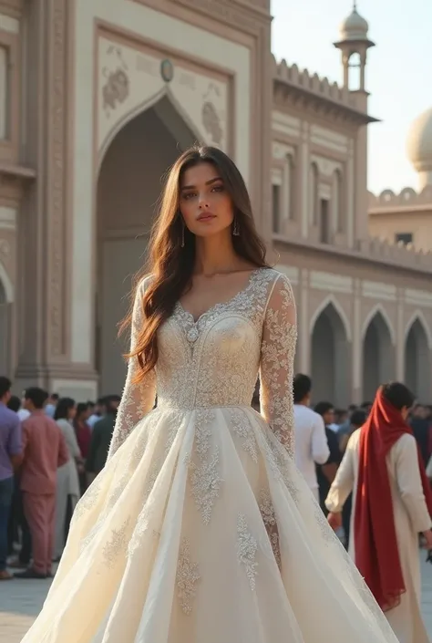 Create close image in 4k quality of beautiful pakistani girl wearing very expensive pakistani shining white color winter dress standing in a small crowd in front of a historical building