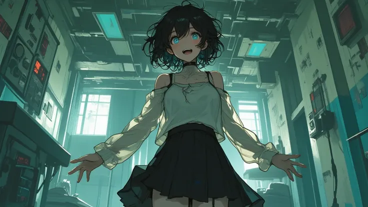 emo, fringe, black skirt, messy short hair, hair covering the eyes, light blue eyes, transparent white top, excited nipples, makeup, black lipstick, full body, abandoned hospital setting