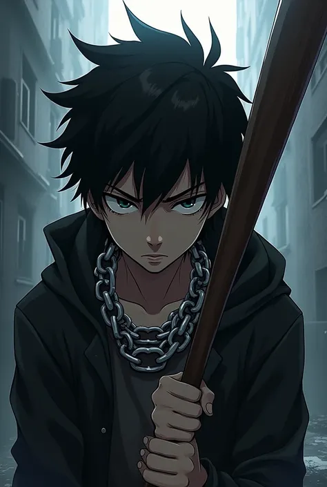 Anonynous anime boy with baseball bat and big chains in his neck