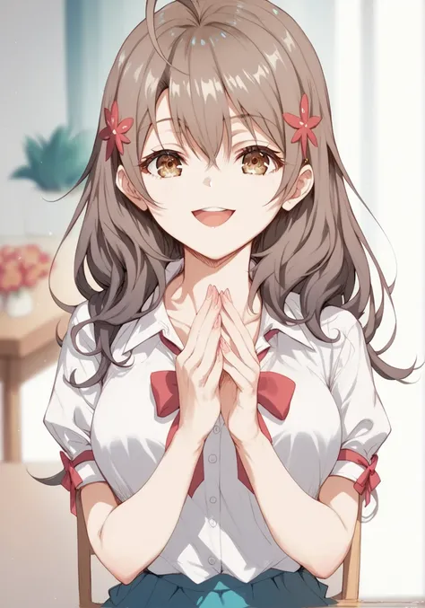 maria mikhailovna kujou, long hair,  black hair, hair ornament, hair between eyes, brown eyes, ahoge, smile