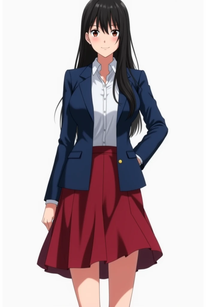 long hair, black hair, tall, teacher, full body, medium tits teacher uniform (blue, red), straight hair, white