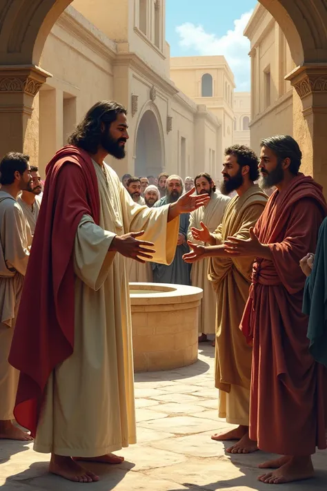  Jesus instructs the blind to wash themselves in the Siloam tank :
 Jesus points in the direction of the Siloam tank ,  where the blind should go to wash their eyes . The blind man,  with the help of someone or guided with their hands ,  start walking towa...