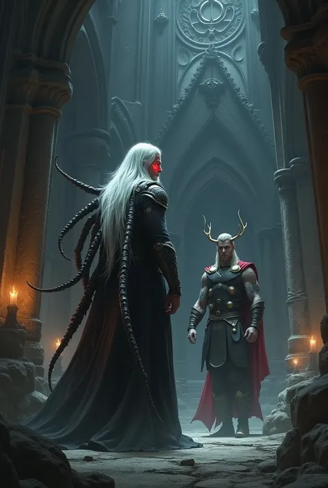 man (white long hair, Red eyes and in their back eight spider legs) and Thor in dark castle 