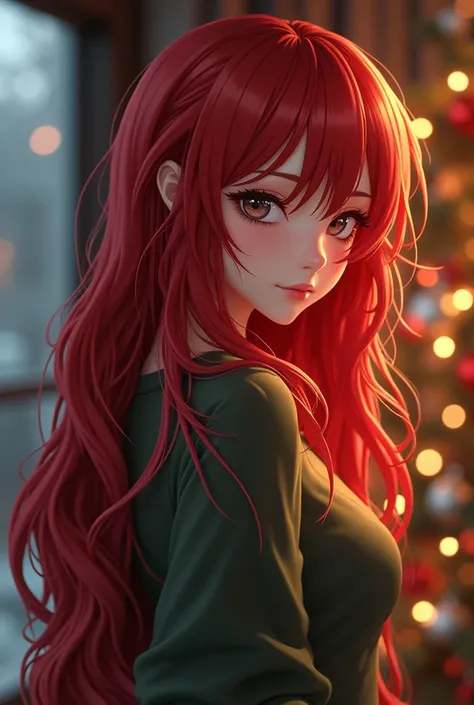  1 girl , bangs,  Anatomically Correct,  Long Hair, Grown-up、 red hair、 Christmas、side、anime、 sweater、 sexy、fantastic disheveled hair, Half-closed eyes,  low angle