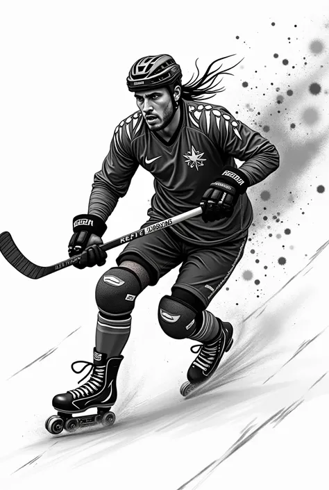 Black and white tribal tattoo image of an Argentinian roller hockey player with four-wheeled skates and sticks