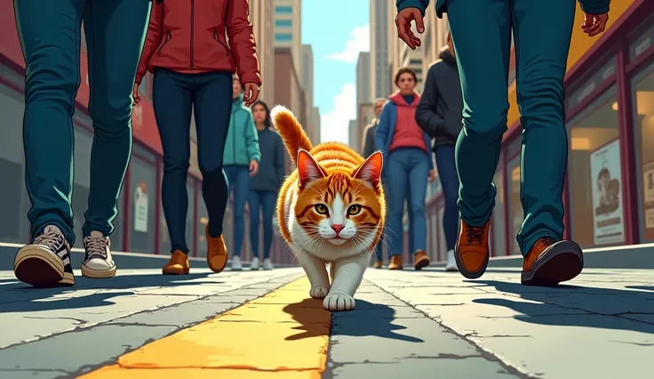 The mother cat walking through a crowded street in a comic-style, with people’s feet and shadows towering over her.