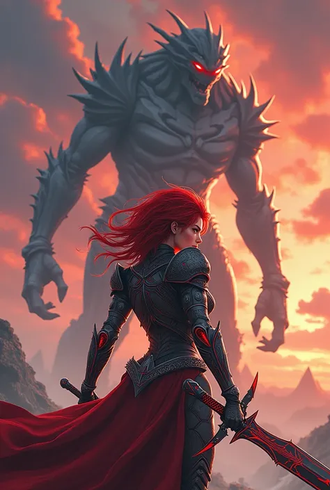  Create a woman with red hair and shes wearing iron armor with red lines and is holding a sword with red lines, Shes busty , and create a giant monster behind her on the horizon, estilo anime