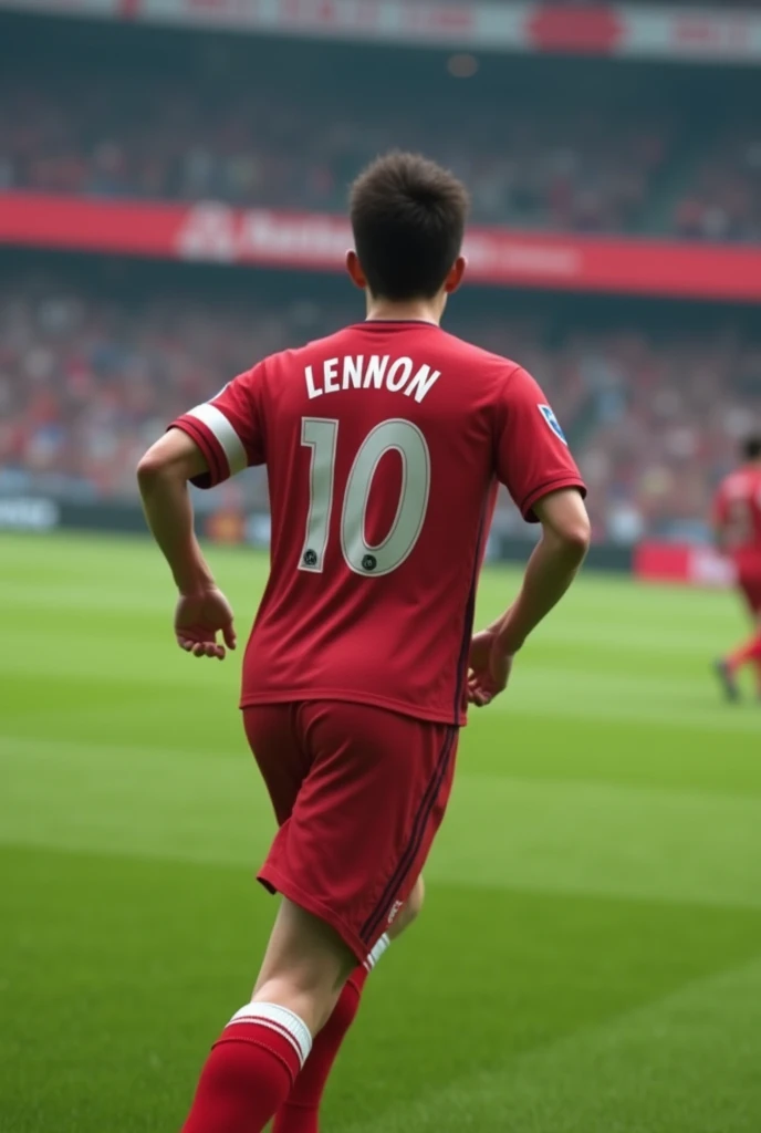 Generate a photo of a teenager 
Moreno playing soccer with his back to the camera with the name Lennon wearing the number 10 jersey and wearing a very realistic red multi-brand uniform 