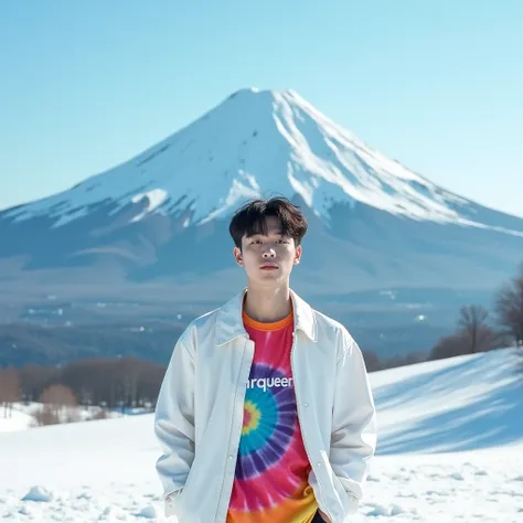 a young korean man standing in front of a snow-capped mountain, which looks like Mount Fuji. The individual is wearing a white jacket over a tie-dye shirt with the word “MRQUEEN ” on it.