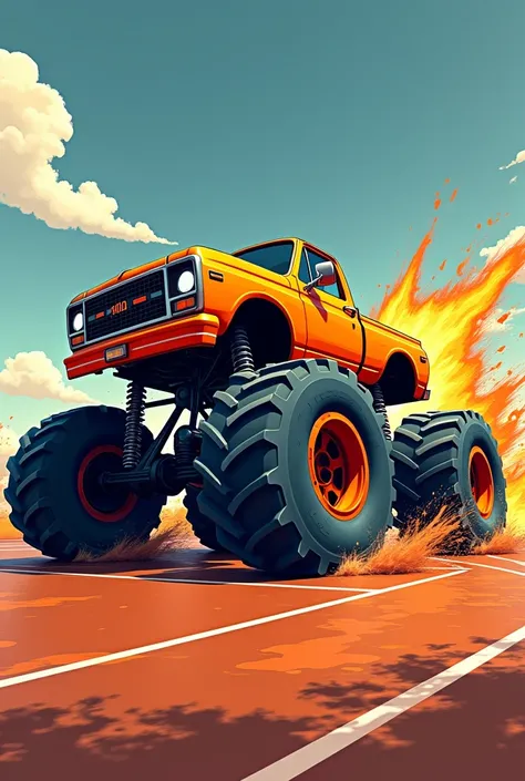 Basketball logo with an orange Monster truck that ejects oil