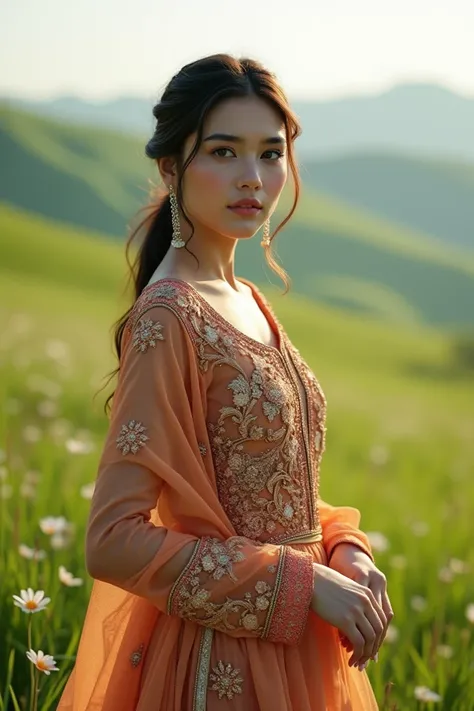 Create an image of a beautiful pakistani girl wearing a expensive pakistani winter dress standing in a beautiful green field