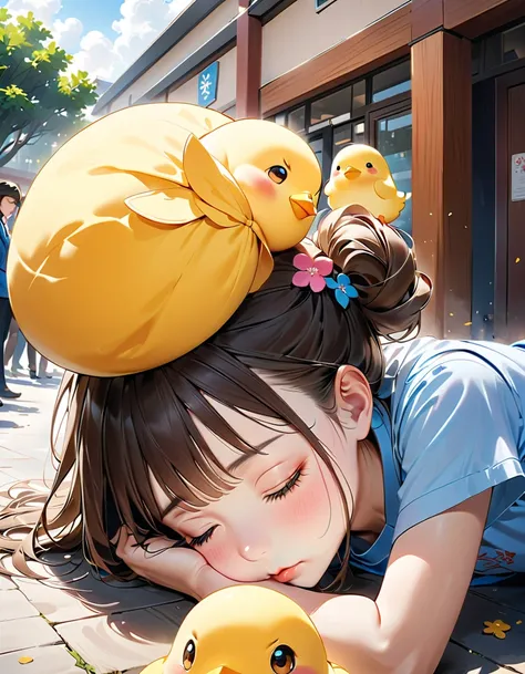 ((Sleeping on your side:1.5、Crawling、 face down 、Cheek resting on hand:1.5、Chick rides above head :1.5))、((whole body, from BELOW:1.5、side view:1.5)),　(( look down:1.5)、((Girl:1.5、university student、22 years old))、 best quality、 high definition 、 detailed ...