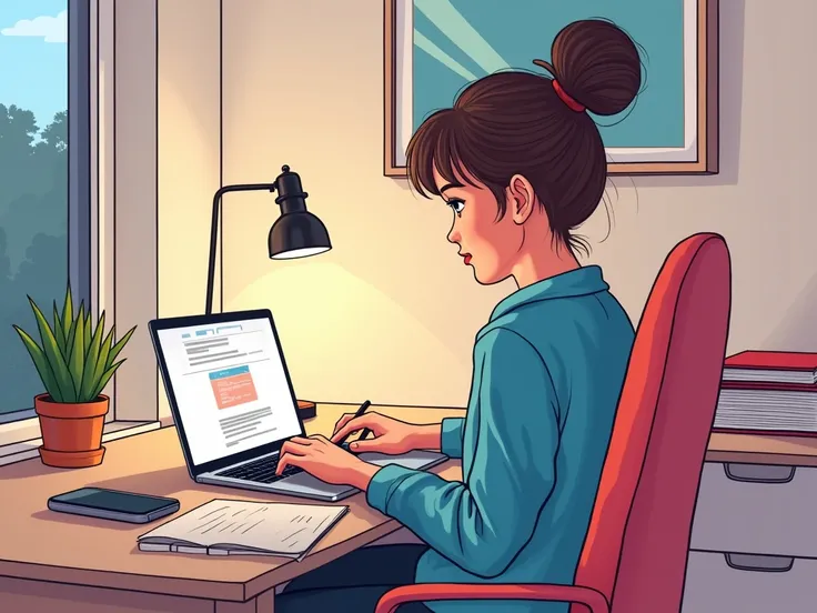  A closeup view of a laptop on which a teenage girl with a messy bun, sitting on her chair  in a minimalistic and clean bedroom is making comics. The overall scene is rendered in a vibrant comic style with bold outlines, emphasizing clean lines and a moder...