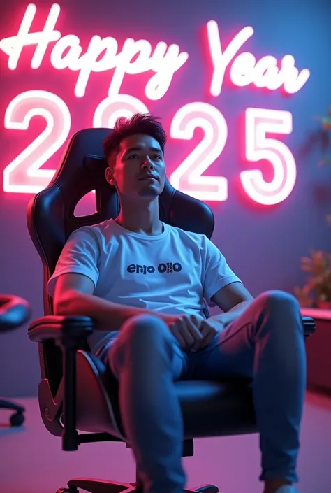  A handsome asian man sitting relaxing in a gaming chair wearing a white t-shirt with the inscription "Rio oh Rio" and SHORT JEANS black hair , white sneakers.  In the background there is the word  "happy new year 2025"  of transparent glass marble with ne...