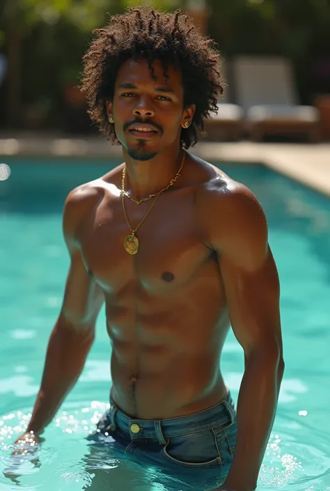 Bruno Mars without a shirt leaving a pool 