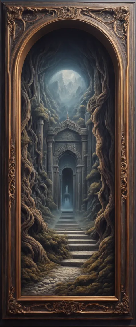 Optical Illusion, a 3d painting with frame on the wall, hand draw, 3D painting of mysterious entrance, like real, fantasy art, enhance, intricate, (best quality, masterpiece, Representative work, official art, Professional, 8k)