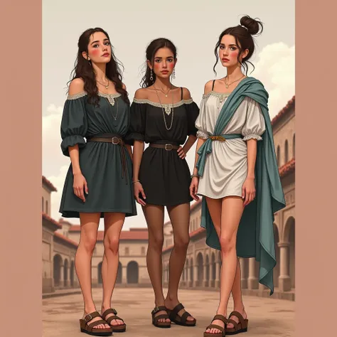 Full body shot of three latin girls in her 20s in a the urban outskirts, medieval town. Brown hairy, freckles. Photorealism, platform clog Birkenstock sandals, detailed feet. Wearing roman tunics