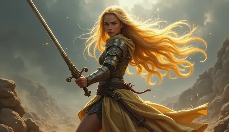 Tangled princess holding sword ready for war and she has magical log golden hair. 