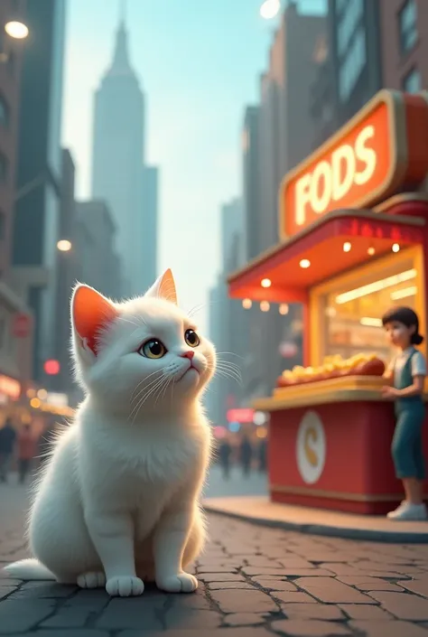  Generates a white cat in a city, The cat sees a hot dog stand with a hungry face but looking to the side and sad