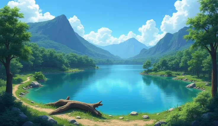  Imagine an enclosed, circular half-pond, with a trunk lying on the edge of the lake ,  with many surrounding trees surrounding the lagoon and few mountains surrounding the site, there was no one present ,  anime style 