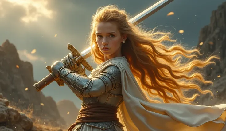 Tangled princess holding sword ready for war and she has magical log golden hair. 