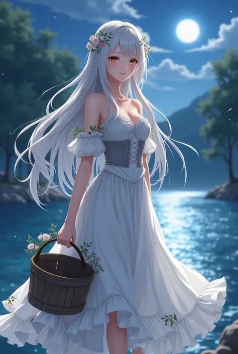 A 30 year old slim anime princess wearing a white layered dress with a light grey corset, and laced ruffles down the skirt and slightly soft puffed sleeves, small vine and flower designs around the edges of the dress reaching her knees, white hair flowing ...