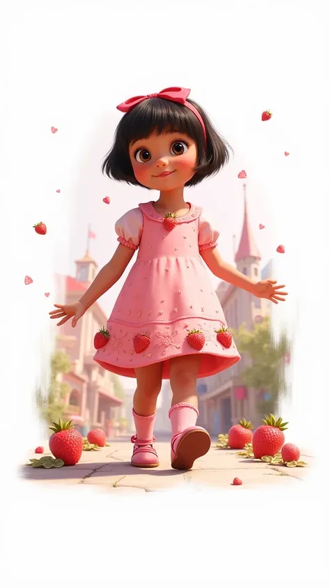 pixar film cover of a cute baby girl short straight black hair light brown skin, wearing a pink dress with strawberry detail walking down the street