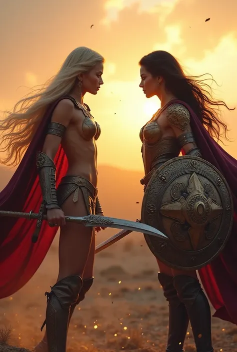 In the heart of a vast battlefield, two sexy nude young powerful and captivating women warriors face each other in an intense duel. Their presence is both formidable and alluring, exuding strength and beauty in equal measure.
Both of them clearly wear noth...