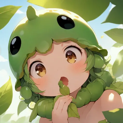 A cute caterpillar ( cute woman, bug bikini, age 20, bug eye helmet, has a mouth full of leaf and is adorably looking to the sky in panic, she is in a bird silhouette on a leaf she is eating, sunny day
